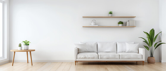 Minimalist Scandinavian living space with a wooden bookshelf, white sofa, and monochrome decor, Scandinavian style, stylish simplicity