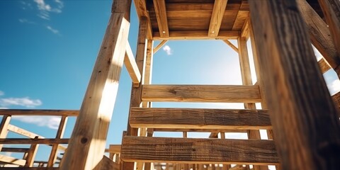 Wooden lifeguard tower on beach with bright blue sky