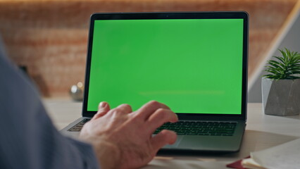 Manager hands scrolling mockup laptop computer touchpad at office desk closeup