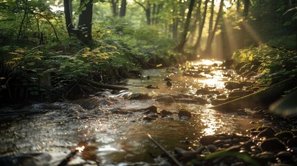 A serene woodland stream, sunlight filtering through the trees, creating a magical atmosphere