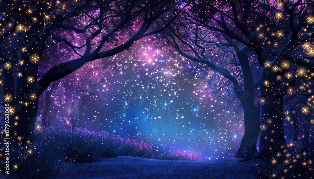 Wall mural a magical forest path illuminated with glowing stars and surrounded by a purple sky, creating a whim