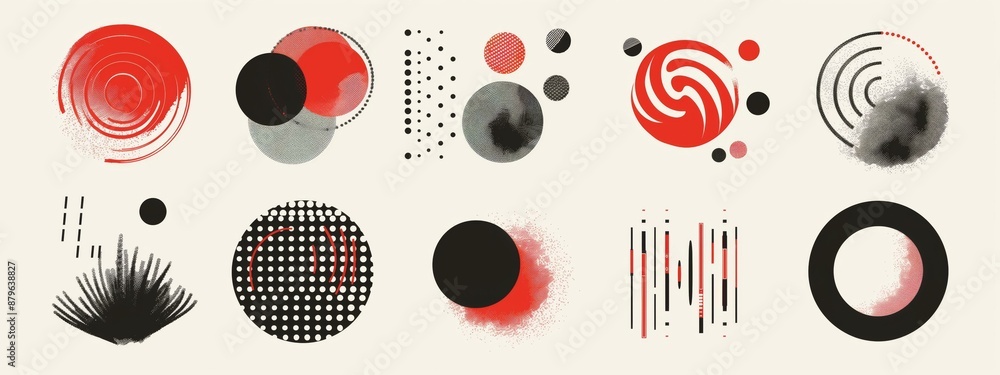 Poster a collection of abstract vector shapes and forms featuring various red, black, and white designs inc