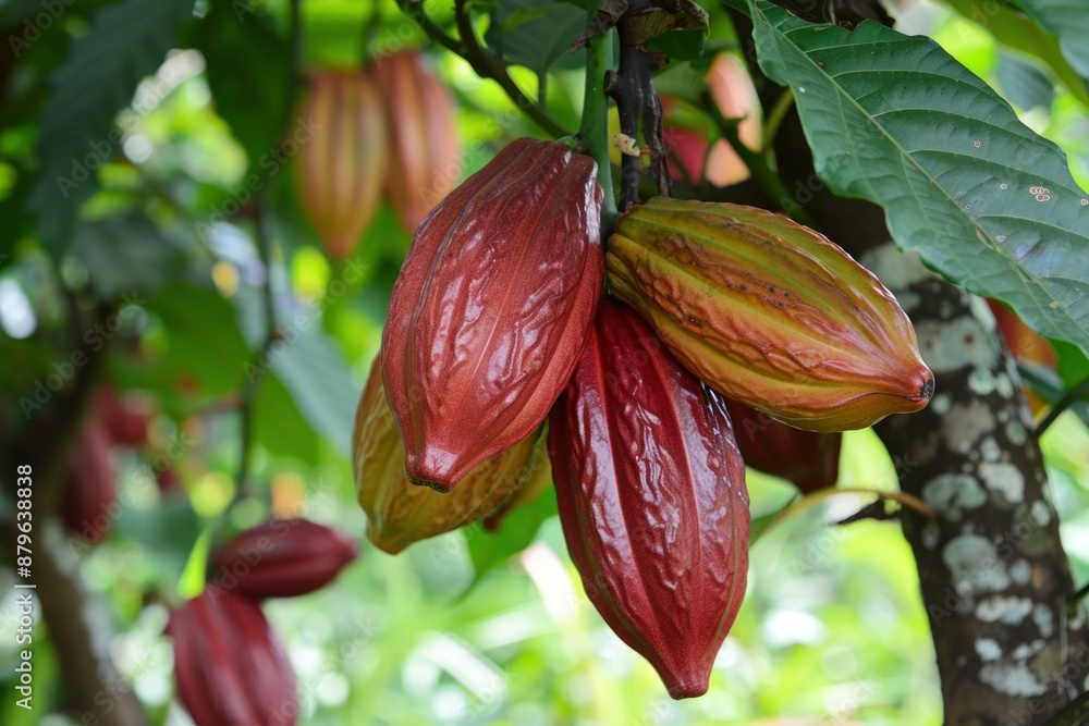Poster close up of multiple ripe red and yellow cacao pods growing on a tree branch in a farm