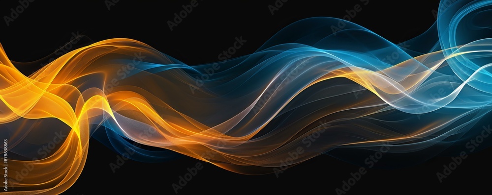 Poster a fluid abstract design with flowing lines in vibrant blue and orange hues, creating a dynamic and e