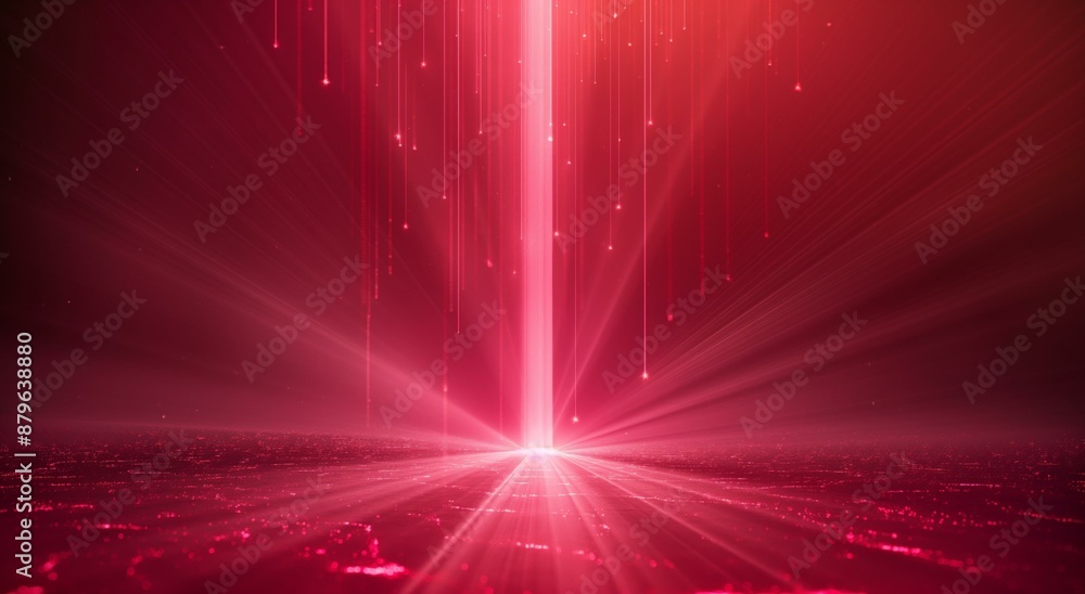 Poster an abstract image featuring a red background with radiant light beams and cascading light particles.