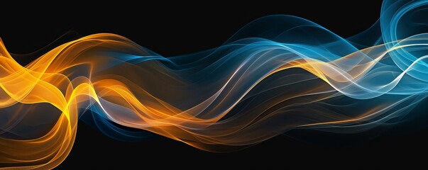 A fluid abstract design with flowing lines in vibrant blue and orange hues, creating a dynamic and energetic visual effect against a black background.