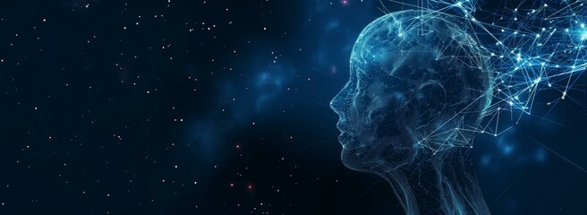 A futuristic digital illustration featuring a human head silhouette with neon glowing neural connections extending from it. The image has a deep space background with scattered small stars,