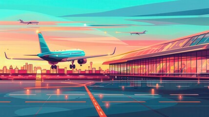 Fototapeta premium Airport terminal, airplanes taking off and landing, flat design illustration