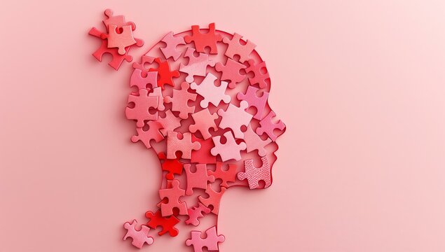 A modern, sleek illustration of human head shape formed by various pink puzzle pieces on a pink background.