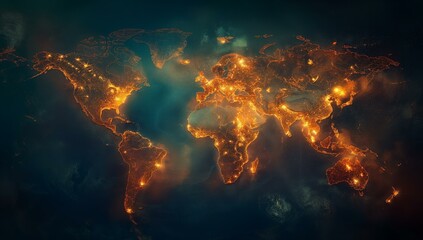 A world map showing glowing connections between cities.