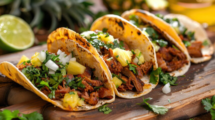 Delicious Tacos al Pastor with Pineapple, Cilantro, and Onions on a Wooden Board