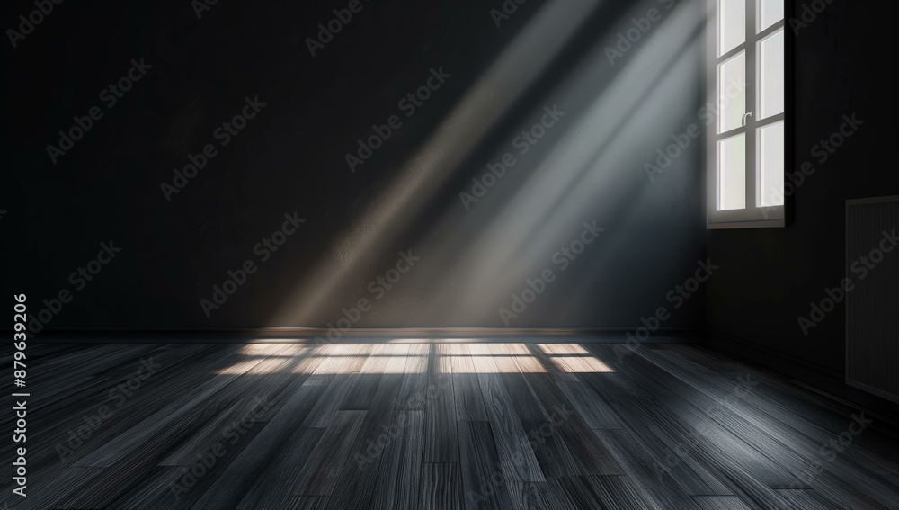 Poster a dark room with an empty wall and wooden floor, illuminated by sunlight streaming through a window,