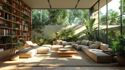 A cozy living room filled with natural light streaming in from large windows. The room is adorned with numerous lush green plants, creating a serene and fresh atmosphere.