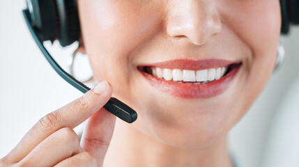 Closeup, telemarketing and woman with headset, mouth and call center with customer service. Person, smile and insurance consultant with headphones, tech support and helpline for advice and microphone
