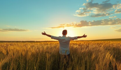 A person standing in a wheat field at sunset with arms outstretched, embracing the warm, golden light of the evening.