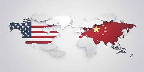 Obraz premium A world map with the United States flag overlaying North America and the Chinese flag overlaying China. The map includes cloud shapes scattered around it.