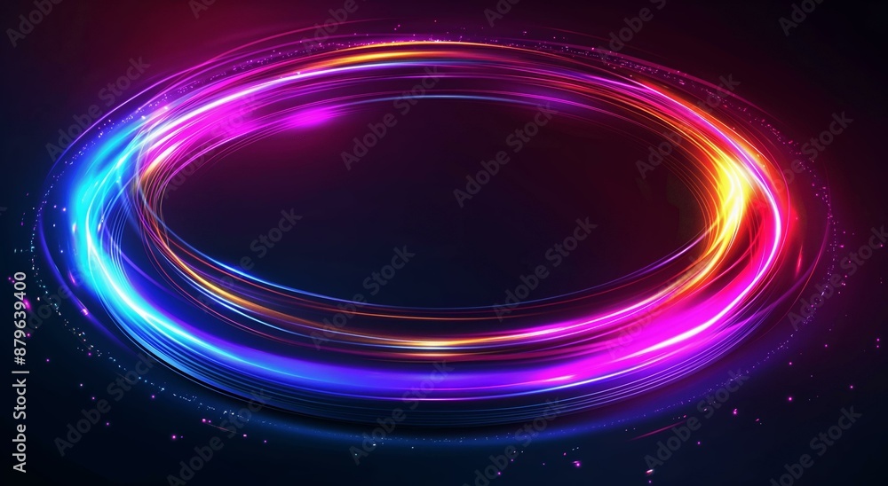 Poster a vibrant display of colorful, glowing light trails forming an abstract circular pattern on a dark b