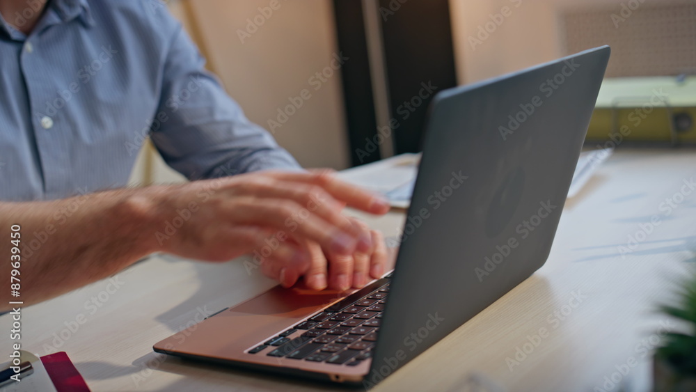 Poster manager fingers texting keyboard shutting computer desk closeup. exhausted man