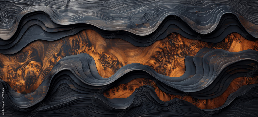Poster dark wood and black wave pattern background with rustic texture and earth tones for copy space