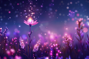 A magical flower blooming in an enchanted garden, surrounded by glowing lights and sparkles, creating a mystical atmosphere.