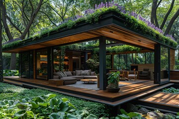 A large house with a green roof and a lot of plants