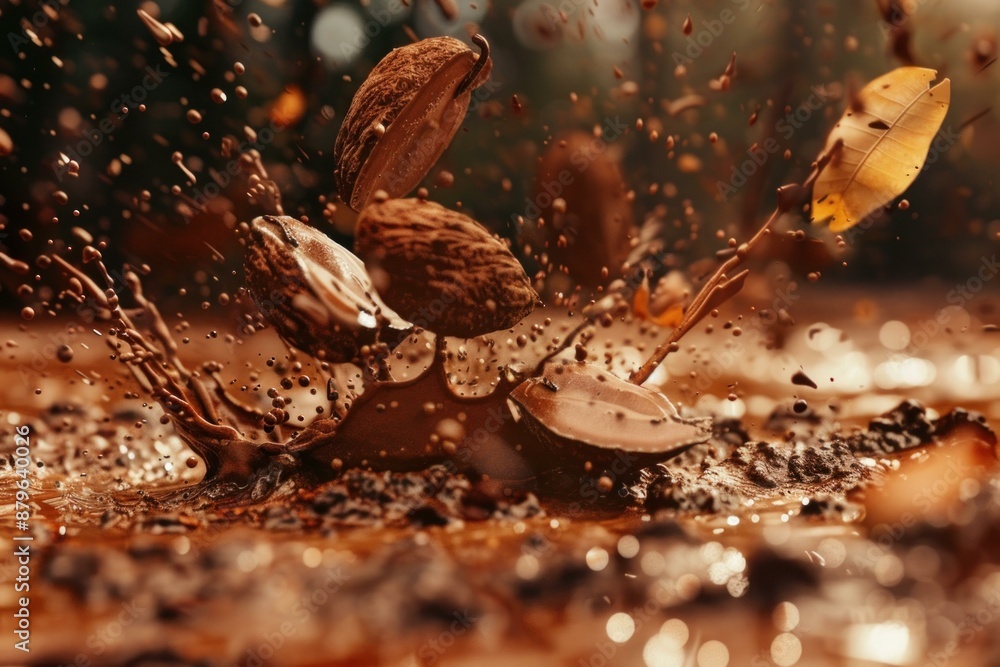 Poster cocoa beans falling into melted chocolate, creating a splashing effect