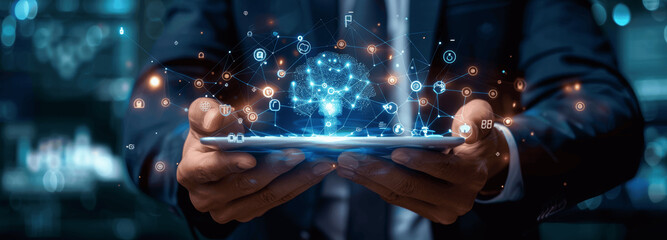 Businessman Showing Futuristic AI Digital Transformation for Bank Financial Services with Hologram Technology on Tablet