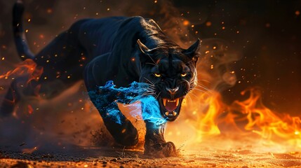 Obraz premium A fierce black panther enveloped in flames and blue smoke charges forward aggressively across a dusty surface.. Angry panther with open mouth and fiery mane.