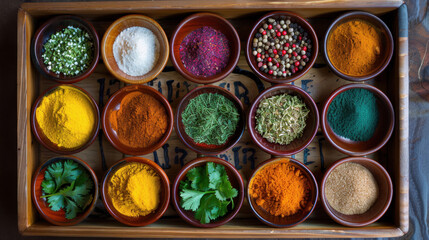 Assorted Spices and Herbs in Wooden Bowls on a Wooden Tray