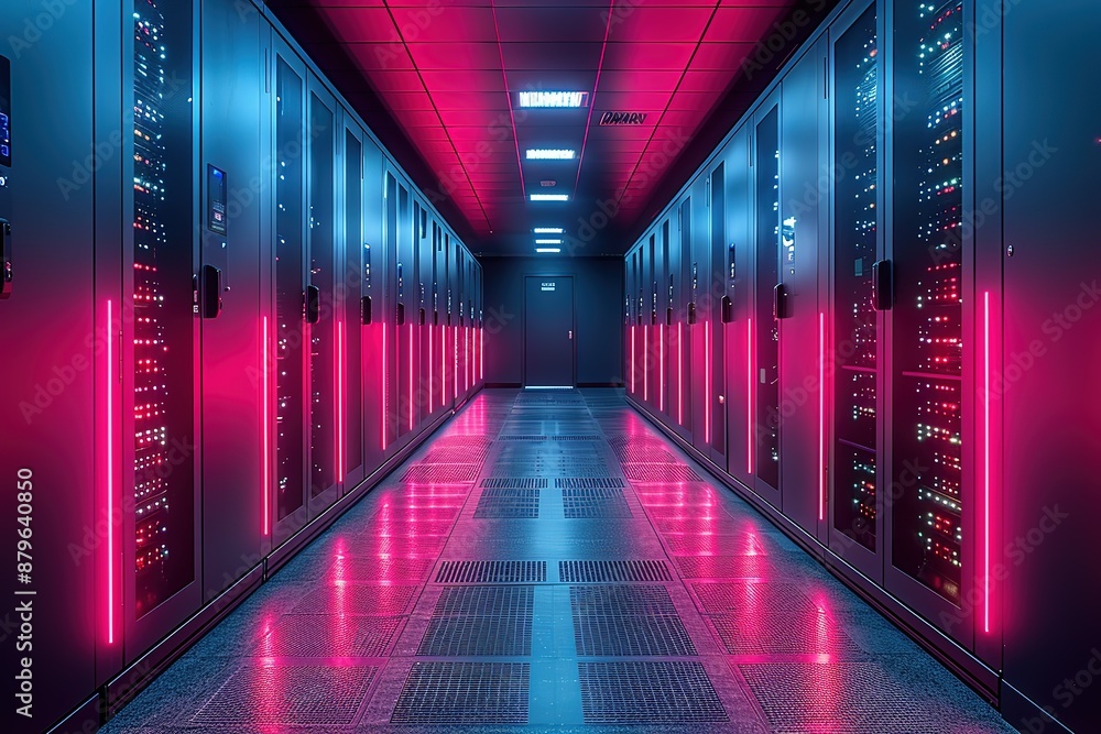 Poster a long hallway with many computer servers lit up in red