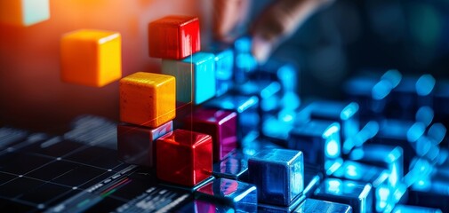 Colorful 3D geometric shapes being assembled, symbolizing technology, innovation, and digital transformation in a futuristic environment.