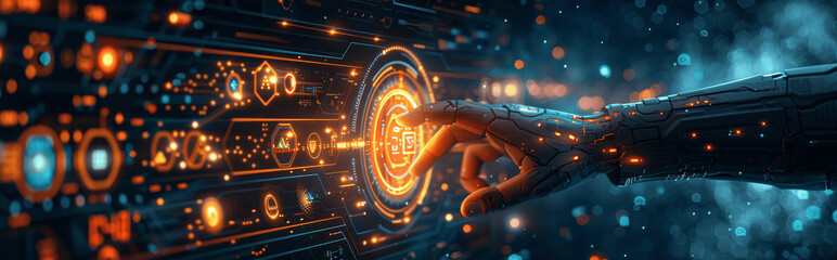 Human Hand Touching Virtual Screen AI Big Data Network Connections Futuristic Digital Technology Concept Banner Hologram Interface Innovation High Resolution Photorealistic
