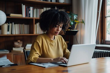 A woman is sitting at a desk with a laptop open in front of her. She is wearing a yellow sweater and she is focused on her work. The room is filled with books