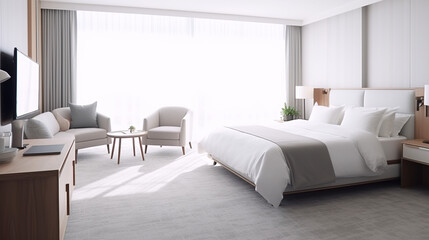 Hotel bedroom suite with a couch and television in the background