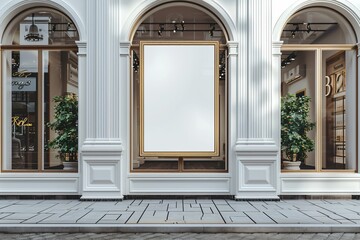 Elegant Storefront with Blank Poster Frame and Arched Windows