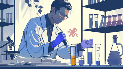 Illustration of a male scientist using a micropipette to conduct a chemical experiment in an advanced laboratory. For medical researcher concepts.