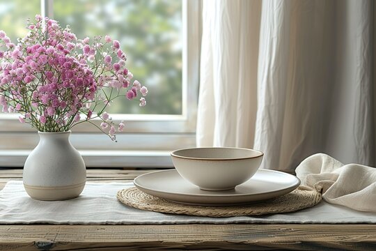 A white vase with pink flowers sits on a table next to a white plate