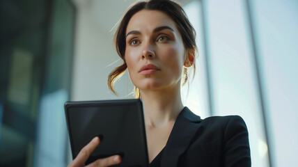 Executive woman poised with a sophisticated tablet device, emphasizing its sleek design and features
