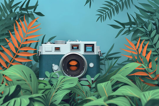 Retro style background. Film camera among tropical green leaves on purple background. Top view