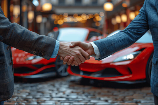 Business handshake between car salesman and customer closing a deal at dealership with red sports cars in showroom