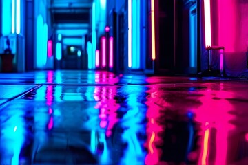 Reflection of neon lights on floor, AI Generated