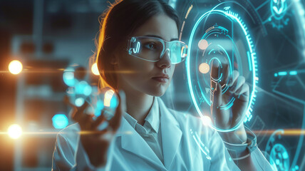 Female scientist in a white lab coat, holding a futuristic medical device with a confident expression