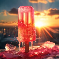 A melting popsicle against a vibrant sunset backdrop