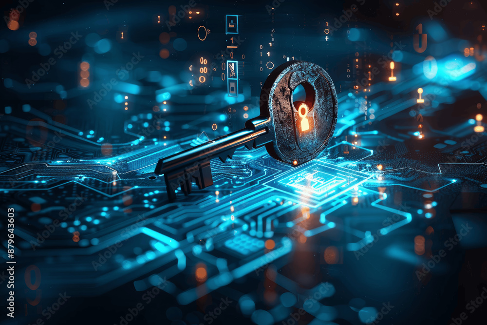 Aufkleber key flying in digital data surrounded by cyber security elements with blue glow, symbol of digital p