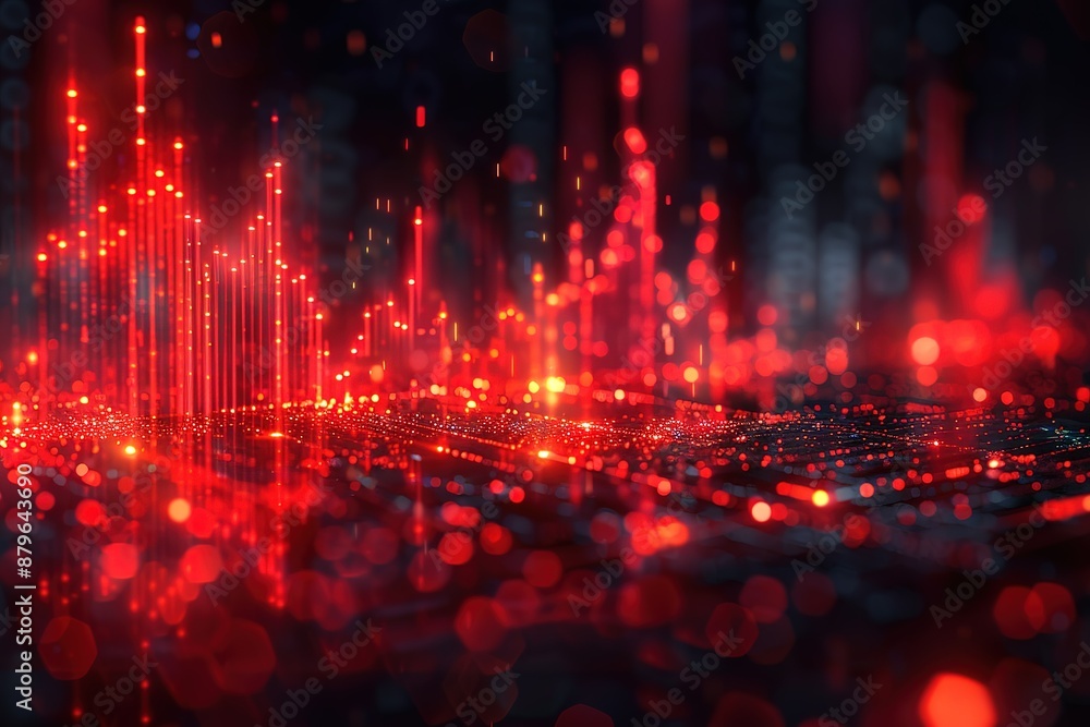 Aufkleber a red and black image of a cityscape with a lot of red lines and dots