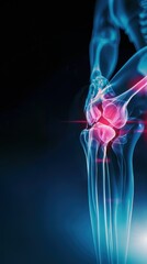 An x ray shows pain the knee joint highlighted red to natural location in human body healthcare knee pain