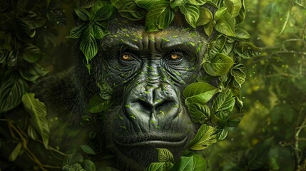 Obraz premium Majestic Gorilla Face Made from Green Leaves and Vines on Abstract Rainforest Background