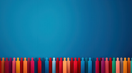 Obraz premium Abstract illustration of diverse and colorful human figures standing together at the bottom of the image against a blue background, symbolizing diversity, inclusion, and unity.