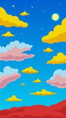 A cartoon of a blue sky with clouds and a full moon