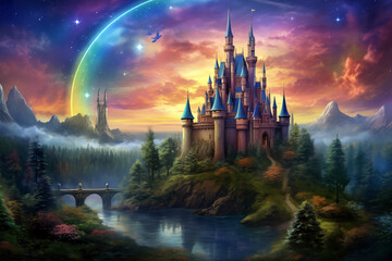 Magic Fairy Tale Castle in a Fairy Tale Landscape. Illustration